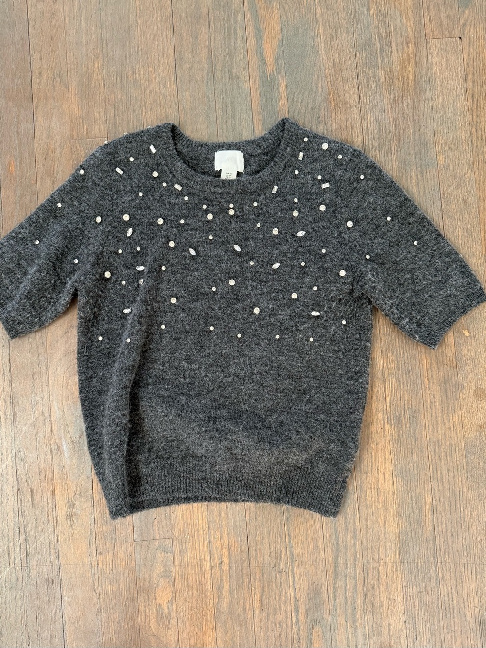 Bead-Embellished Charcoal Short Sleeve Crew Sweater